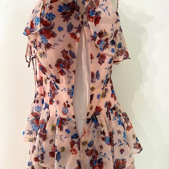 REBECCA MINKOFF MARLA PINK FLORAL RUFFLE LACE UP LAYERED MINI CHIFFON DRESS - Picture 5 of 9